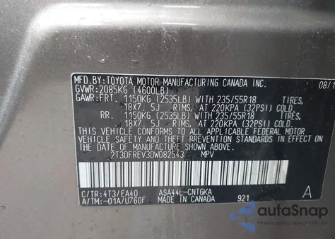 2013 Toyota Rav4 Limited z USA, uszkodzony, nr VIN 2T3DFREV3DW082543